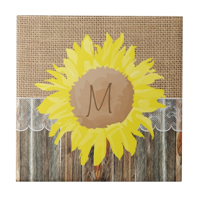 Burlap Barnwood Lace And Sunflower Personalise Tile (Front)