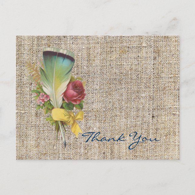 burlap boho feather wildflower bohemian thank you postcard (Front)