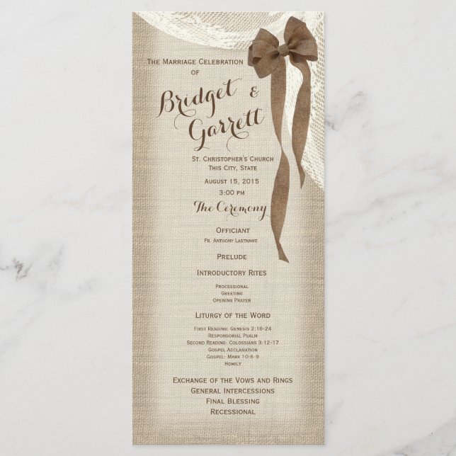 Burlap Bow and Lace Wedding Program Programme (Front)