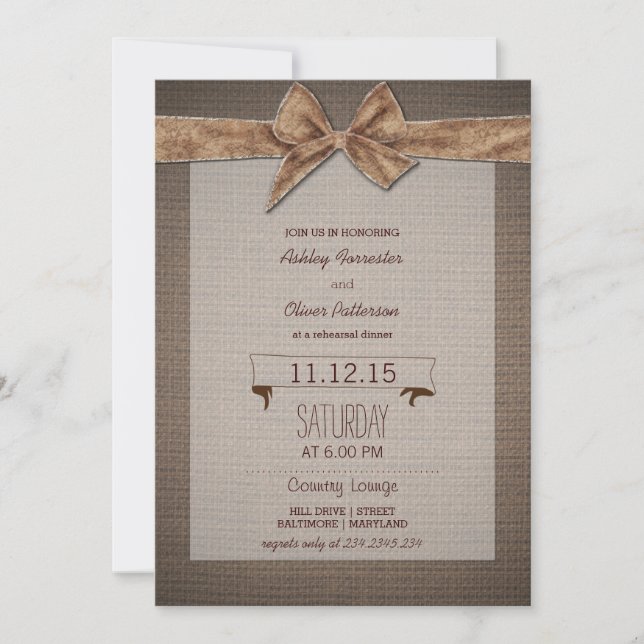 Burlap & Bow Rustic Country Rehearsal Dinner Invitation (Front)