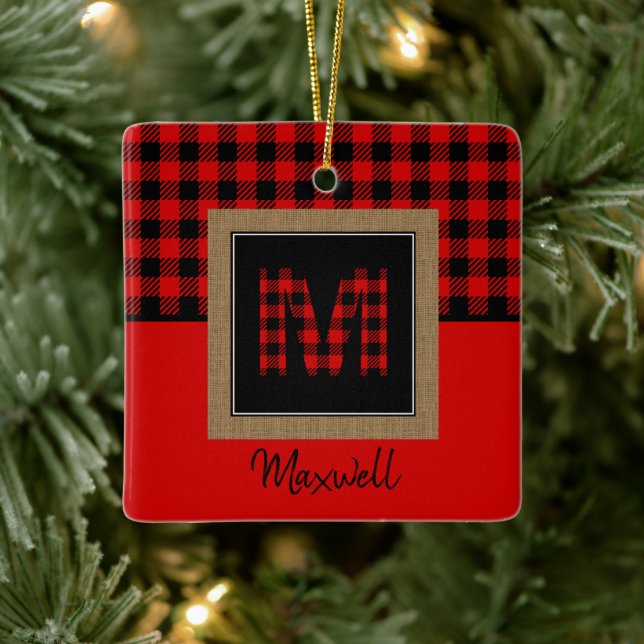 Burlap Buffalo Plaid Red Black Monogram Name Ceramic Ornament (Tree)