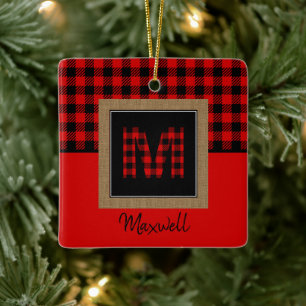 Burlap Buffalo Plaid Red Black Monogram Name Ceramic Ornament