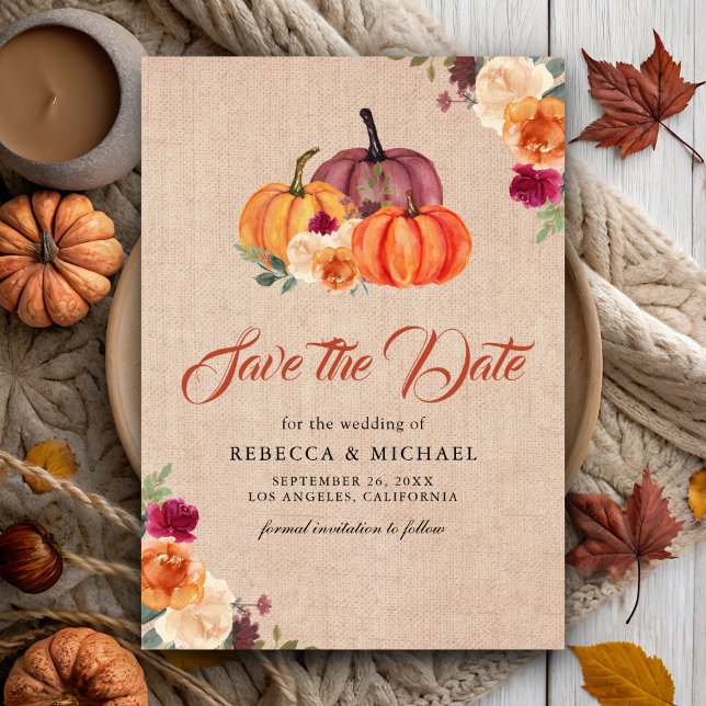 Burlap Burnt Orange Floral Pumpkin Wedding Save The Date (Creator Uploaded)