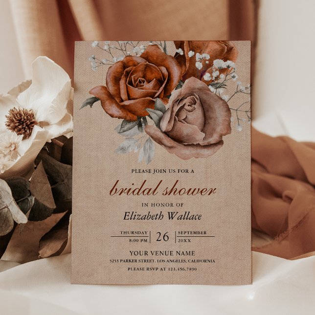 Burlap Burnt Orange Roses Terracotta Bridal Shower Invitation (Creator Uploaded)