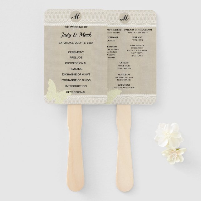 Burlap Butterfly Lace Monogram Wedding Program Hand Fan (Front and Back)