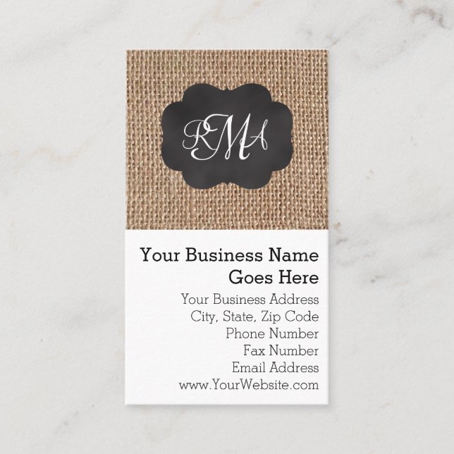Burlap Chalkboard Look Triple Monogrammed Script Business Card (Front)