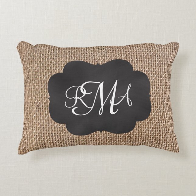 Burlap Chalkboard Look Triple Monogrammed Script Decorative Cushion (Front)