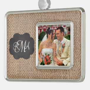 Burlap Chalkboard Look Triple Monogrammed Script Silver Plated Framed Ornament