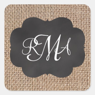 Burlap Chalkboard Look Triple Monogrammed Script Square Sticker