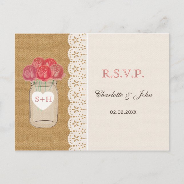 burlap, coral roses in mason jar wedding RSVP Invitation Postcard (Front)