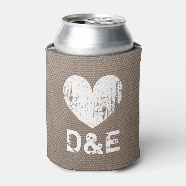 Burlap country chic wedding can coolers with heart (Can Front)