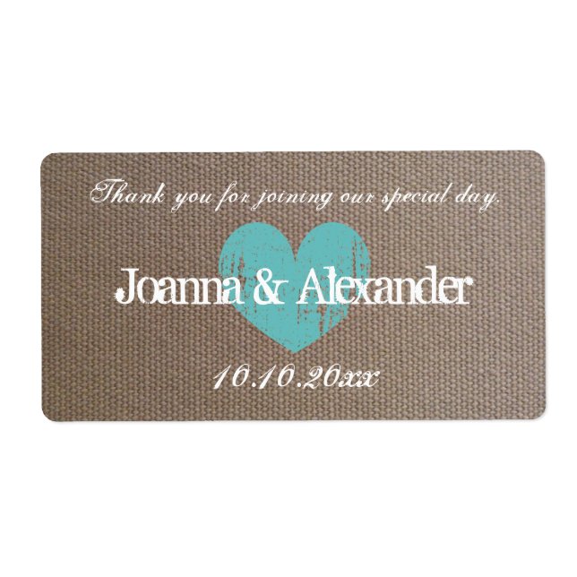 Burlap country chic wedding water bottle labels (Front)