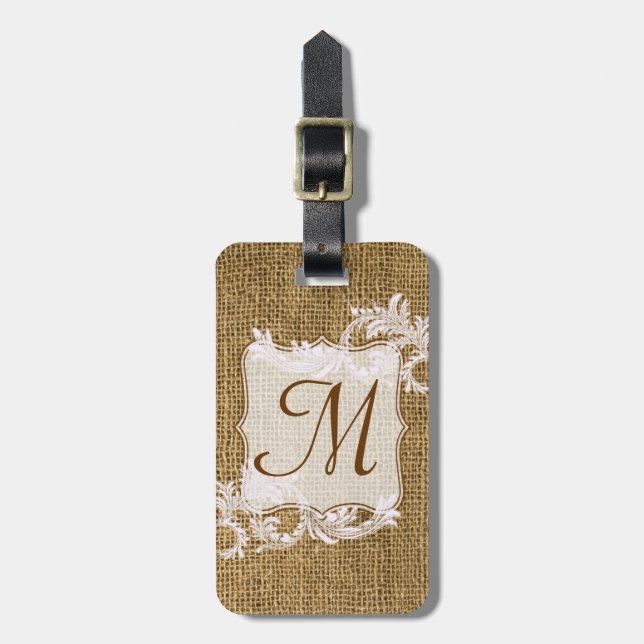 Burlap Country Lace Applique Monogram Luggage Tag (Front Vertical)