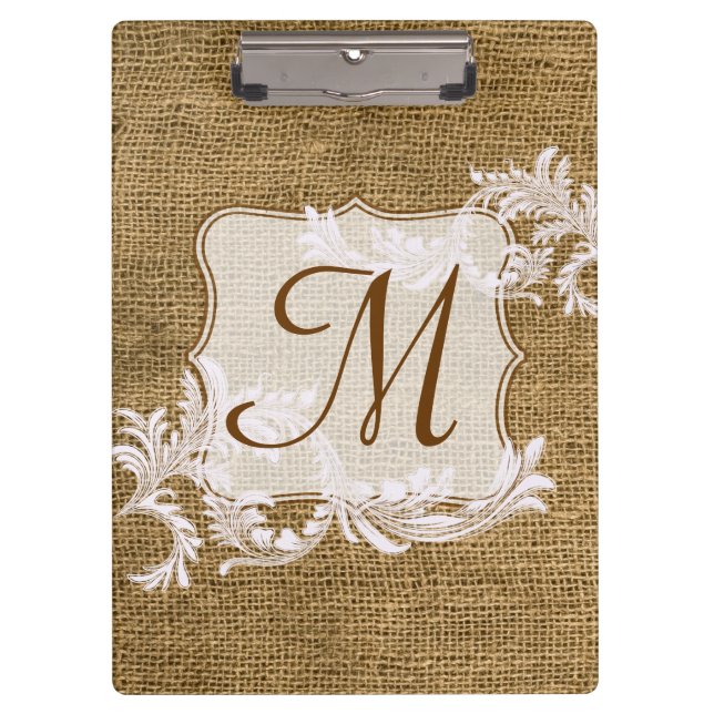 Burlap Country Lace Monogram Initial Clip Board (Front)