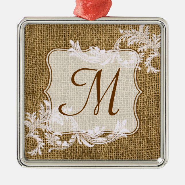 Burlap Country Lace Monogram Initial Ornament (Front)
