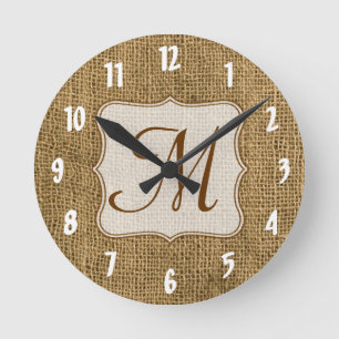 Burlap Country Lace Monogram Initial Wall Clock