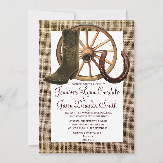 Burlap Cowboy Boots Wagon Wheel Horseshoe Wedding Invitation (Front)