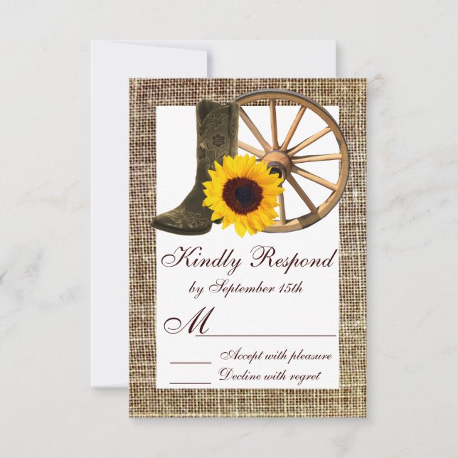 Burlap Cowboy Boots Wagon Wheel Sunflower RSVP Card (Front)