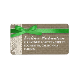 burlap design white lace green bow address label