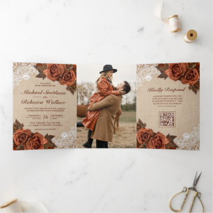 Burlap Dusty Terracotta Rose QR Code Wedding Tri-Fold Invitation