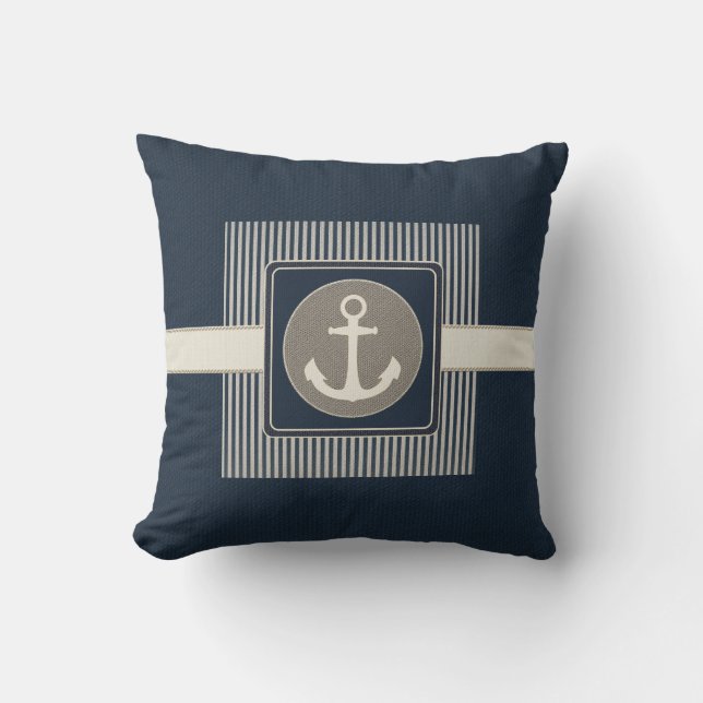 Burlap Effect Nautical Ship's Anchor Striped Cushion (Front)