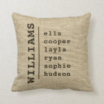 Burlap FAMILY NAME CHILDREN NAMES Kids Script Cushion<br><div class="desc">Burlap FAMILY NAME CHILDREN NAMES Kids Simple Script features your family's name and first names on a burlap background. Personalised by editing the text in the text box provided. Designed by ©Evco Studio www.zazzle.com/store/evcostudio</div>