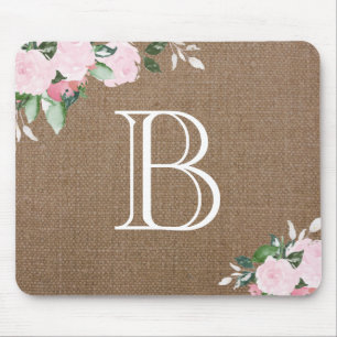Burlap Floral Blooms Monogram Mouse Pad
