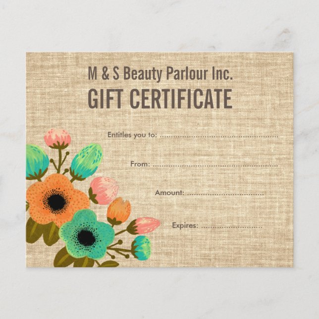 Burlap Floral Salon Gift Certificate Template (Front)
