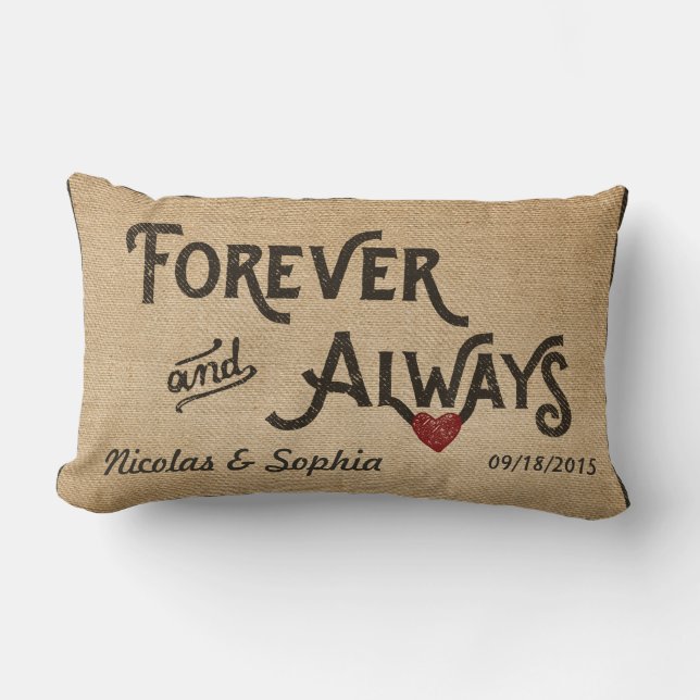 Burlap Forever Always Heart Personalised Wedding Lumbar Cushion (Front)
