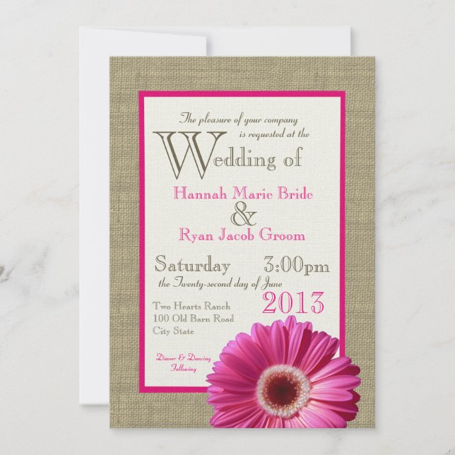 Burlap Fuchsia Gerbera Daisy Wedding Invitation (Front)