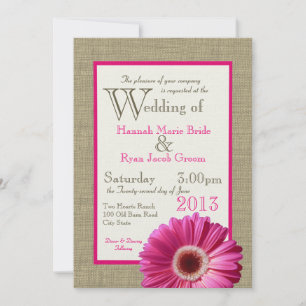 Burlap Fuchsia Gerbera Daisy Wedding Invitation