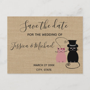 Burlap funny cute  cartoon cats save the date announcement postcard