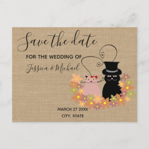 Burlap funny cute  cartoon cats save the date announcement postcard