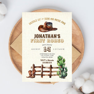 Burlap Gold Cowboy First Rodeo Birthday Invitation