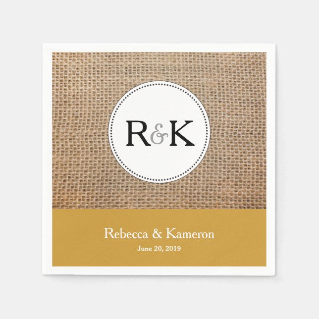 Burlap & Gold Monogrammed Wedding Napkin (Front)