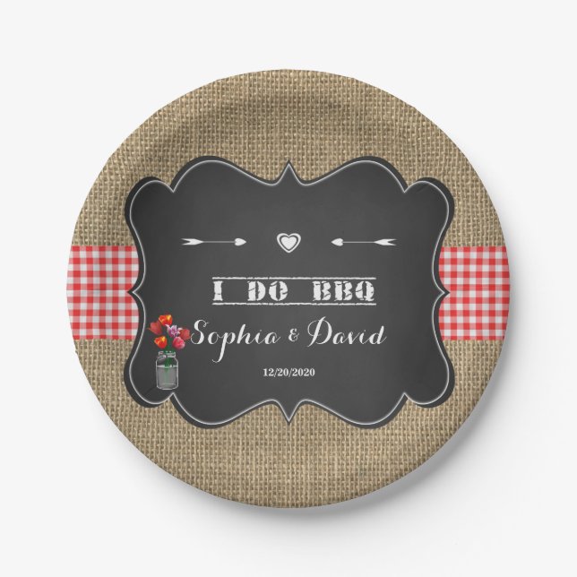 Burlap Gongham and Chalkboard I DO BBQ Custom Paper Plate (Front)