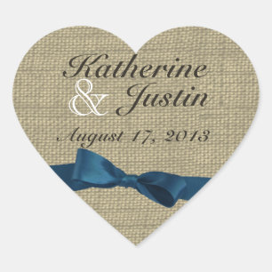 Burlap Heart and Dark Blue Bow Heart Sticker