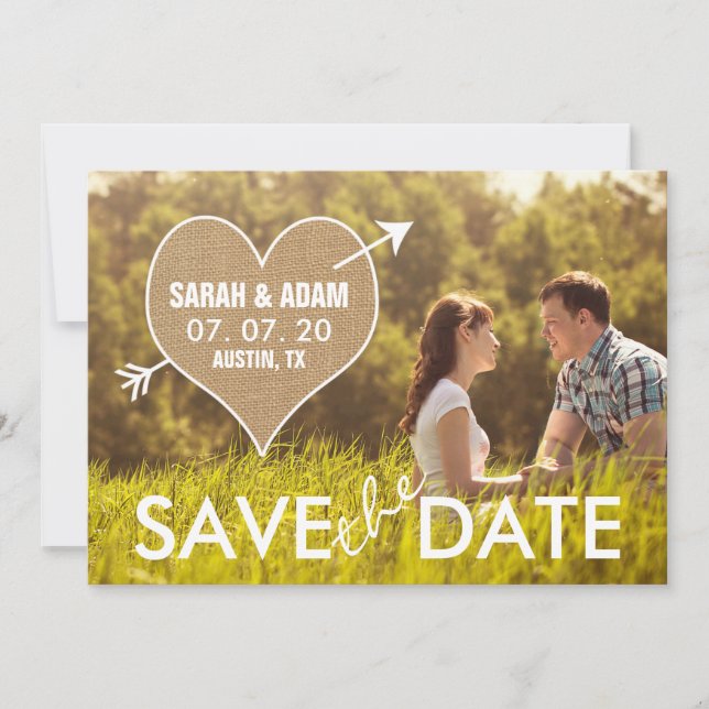 Burlap Heart | Rustic Save the Date Announcement (Front)