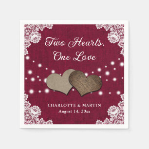 Burlap Hearts Lace Rustic Burgundy Wedding Napkins