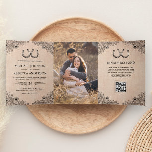 Burlap Horseshoes Lace Photo QR Code Wedding Tri-Fold Invitation