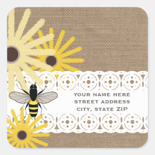 Burlap Inspired Black Eyed Susans & Bee Address Square Sticker