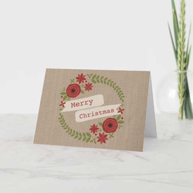 Burlap Inspired Floral Wreath Christmas Holiday Card (Front)