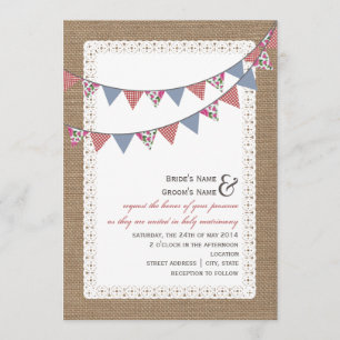 Burlap Inspired Gingham & Floral Bunting Wedding Invitation