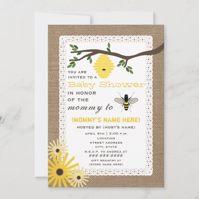 Burlap Inspired Honey Bee Themed Baby Shower Invitation (Front)