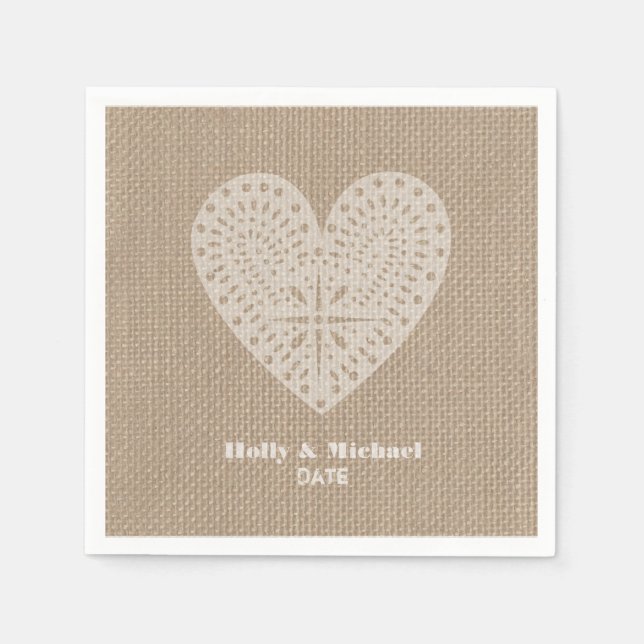 Burlap Inspired Lace Heart Wedding Napkins (Front)