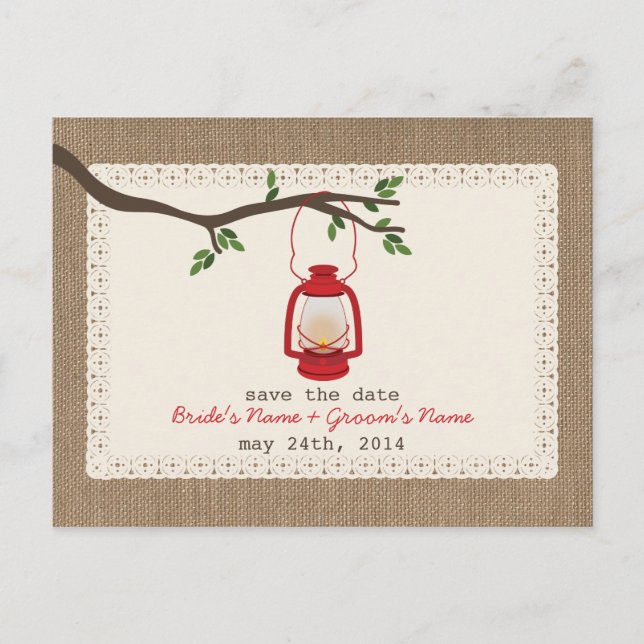 Burlap Inspired Lantern Wedding Save The Date Announcement Postcard (Front)