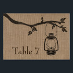 Burlap Inspired Lantern Wedding Table Number Card<br><div class="desc">A wedding table number card featuring an illustration of an oil lantern hanging from a tree branch over a burlap inspired background.  Personalise the number before you order.</div>
