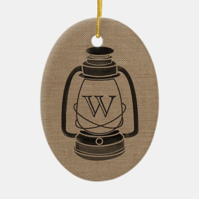 Burlap Inspired Oil Lantern Monogram Ornament (Front)