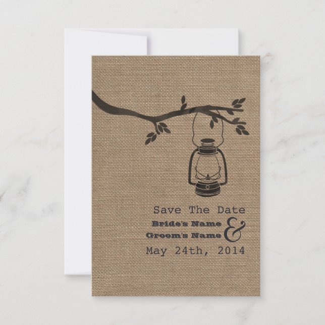 Burlap Inspired Oil Lantern Wedding Save The Date (Front)