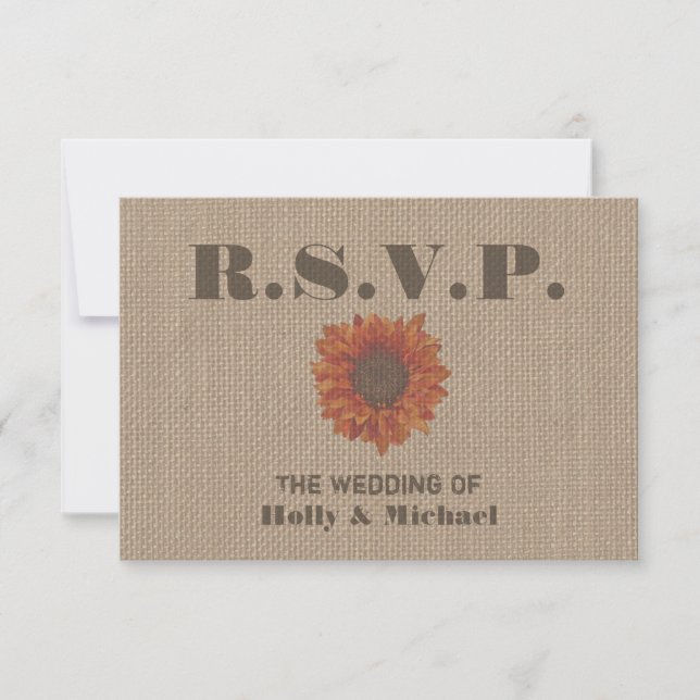 Burlap Inspired Orange Sunflower Wedding RSVP (Front)